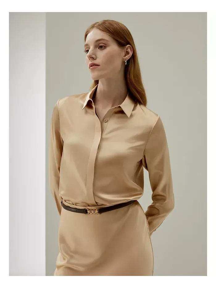 Женская шелковая рубашка Basic Concealed Placket LILYSILK — изображение 3 из 7, коричневый