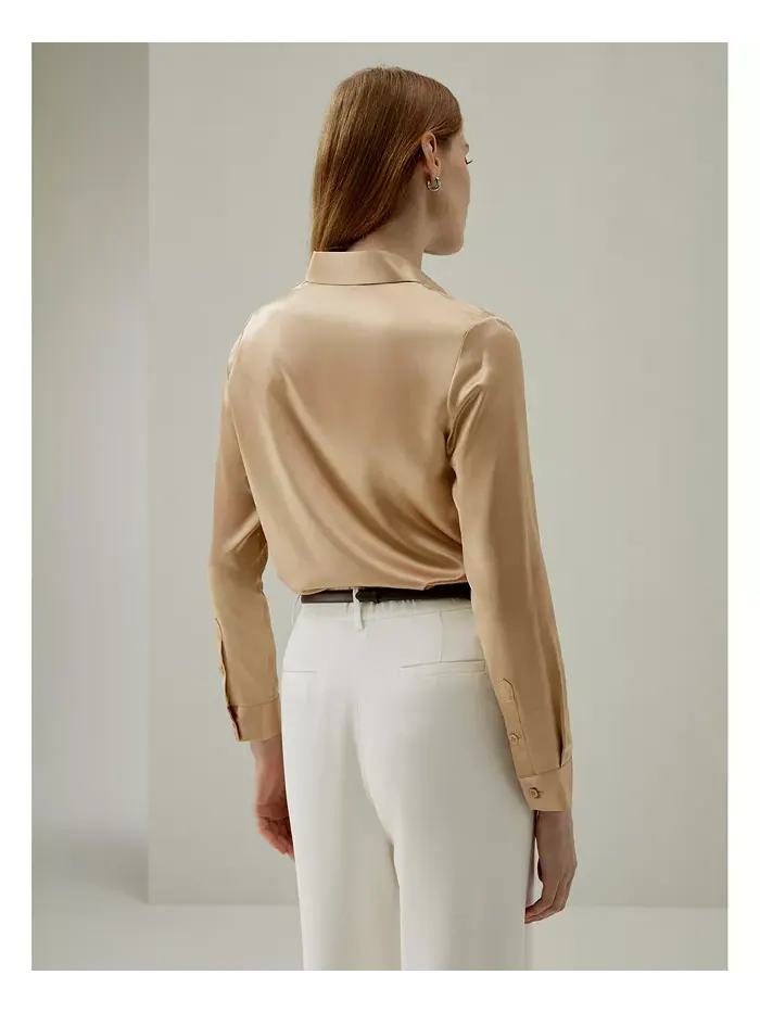 Женская шелковая рубашка Basic Concealed Placket LILYSILK — изображение 4 из 7, коричневый