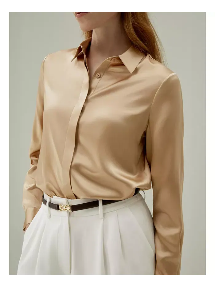 Женская шелковая рубашка Basic Concealed Placket LILYSILK — изображение 5 из 7, коричневый