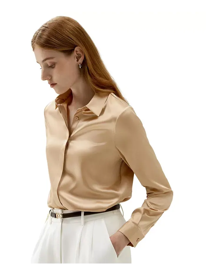 Женская шелковая рубашка Basic Concealed Placket LILYSILK — изображение 6 из 7, коричневый