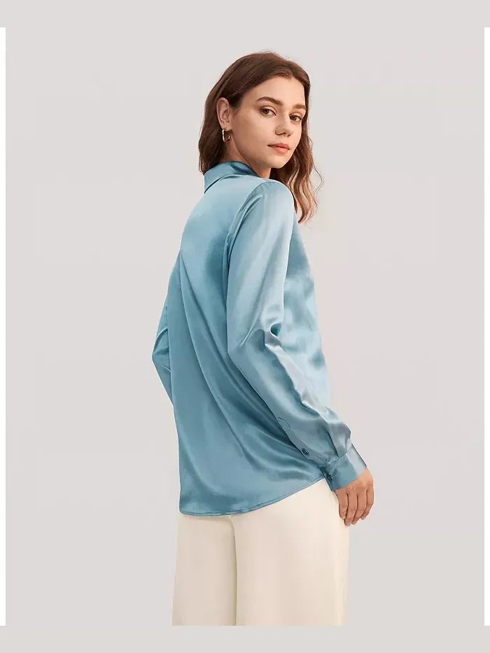 Женская шелковая рубашка Basic Concealed Placket LILYSILK — изображение 2 из 3, синий