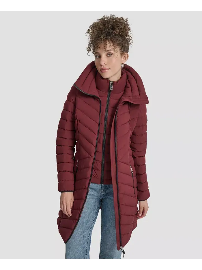 Женское стеганое пальто с комбинацией карманов DKNY — изображение 4 из 6, бордо