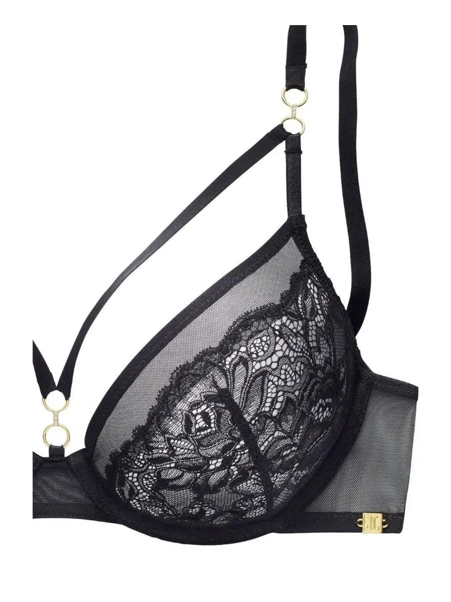 Бюстгальтер с кружевными чашками и металлическими кольцами Strappy Lace Underwire Bra LASCANA — изображение 7 из 8, черный