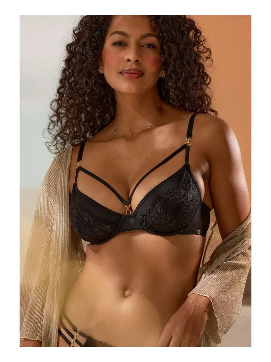 Бюстгальтер с кружевными чашками и металлическими кольцами Strappy Lace Underwire Bra LASCANA — изображение 8 из 8, черный
