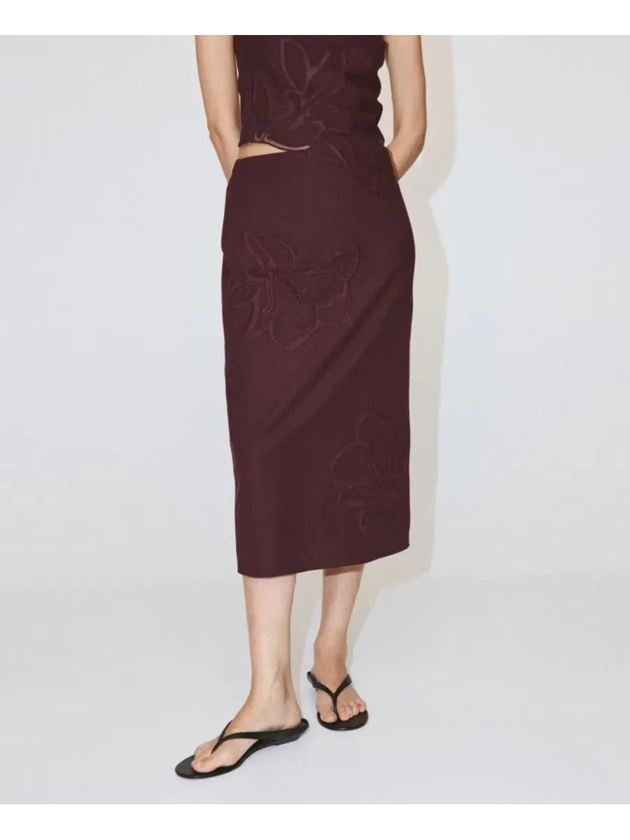 Юбка-миди из льна с вышивкой Floral Embroidered MANGO