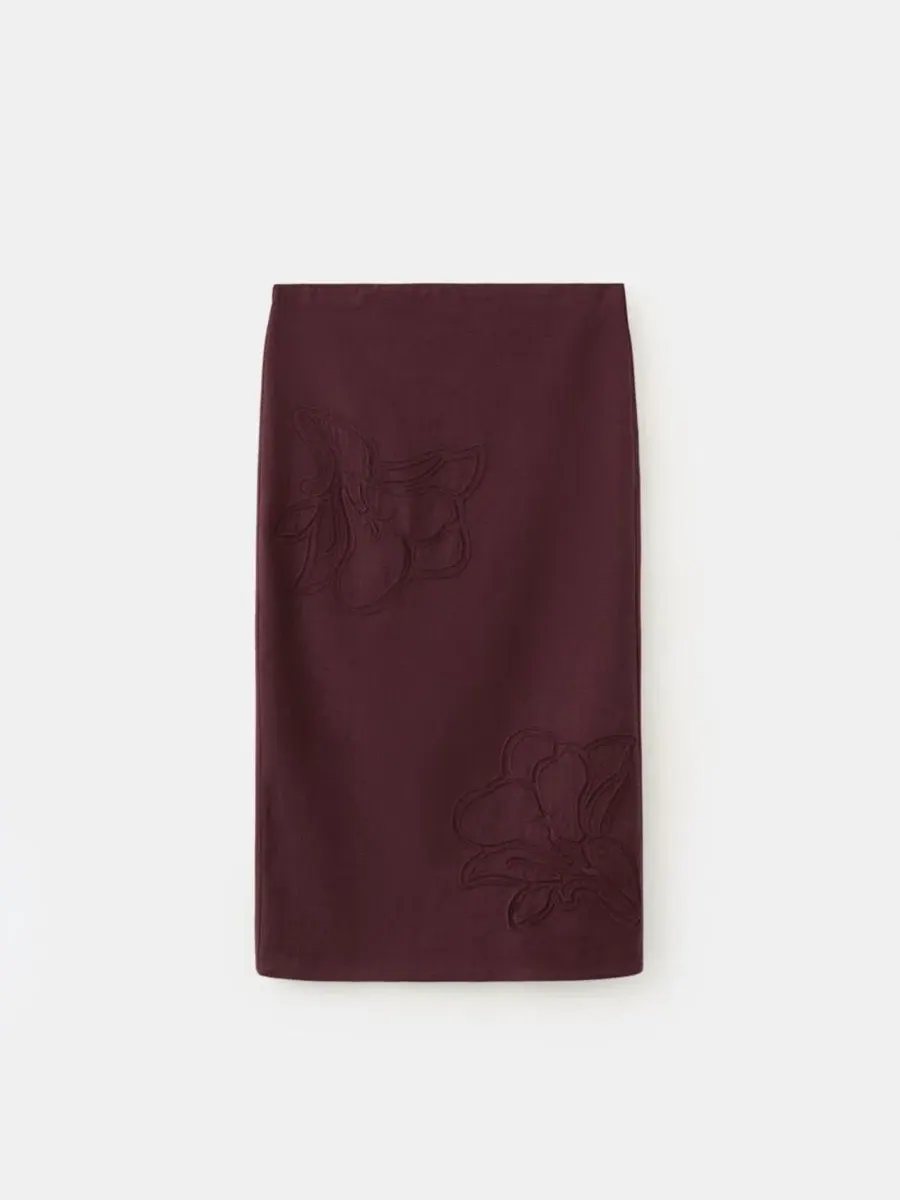 Юбка-миди из льна с вышивкой Floral Embroidered MANGO — изображение 2 из 7, темный красный
