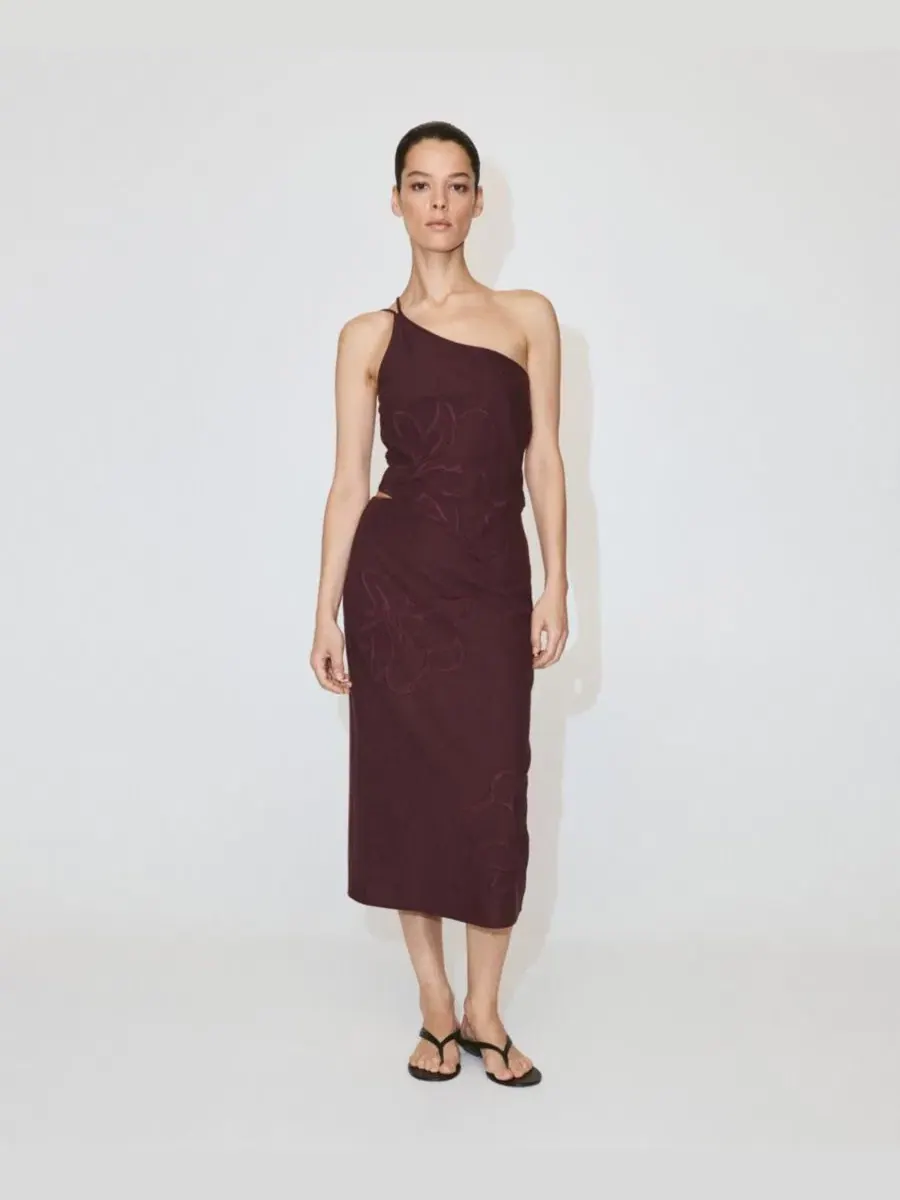Юбка-миди из льна с вышивкой Floral Embroidered MANGO — изображение 7 из 7, темный красный