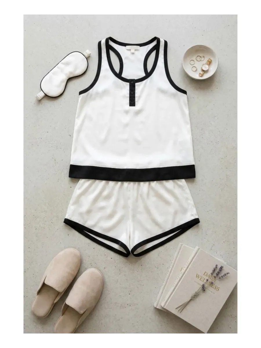 Комплект из топа и шорт из атласа, модель Satin Racerback Swing Tank and Shorts Set Badgley Mischka — изображение 4 из 5