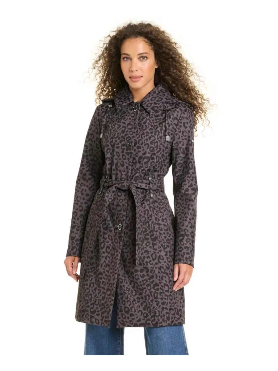 Женское пальто с капюшоном, на пуговицах, с поясом Jones New York, Dark Taupe Leopard