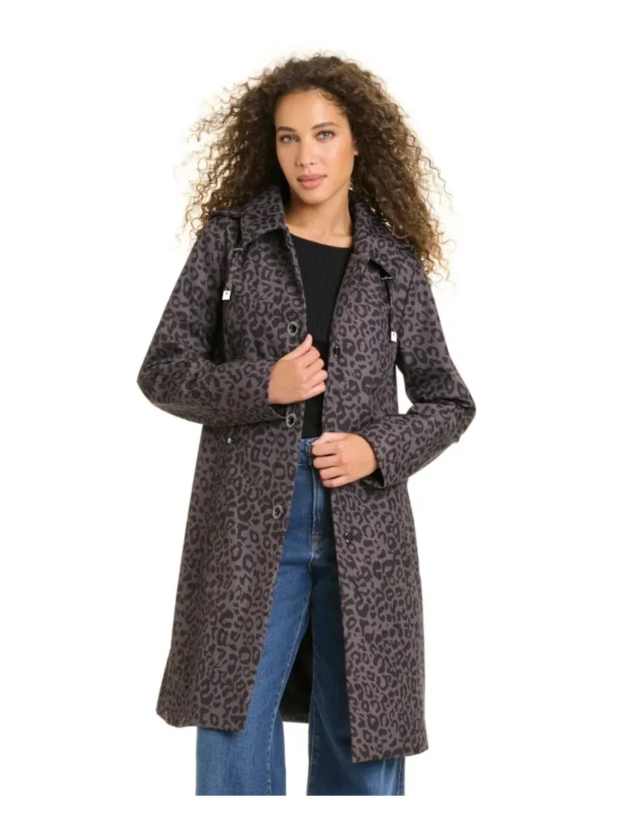 Женское пальто с капюшоном, на пуговицах, с поясом Jones New York, Dark Taupe Leopard — изображение 2 из 10
