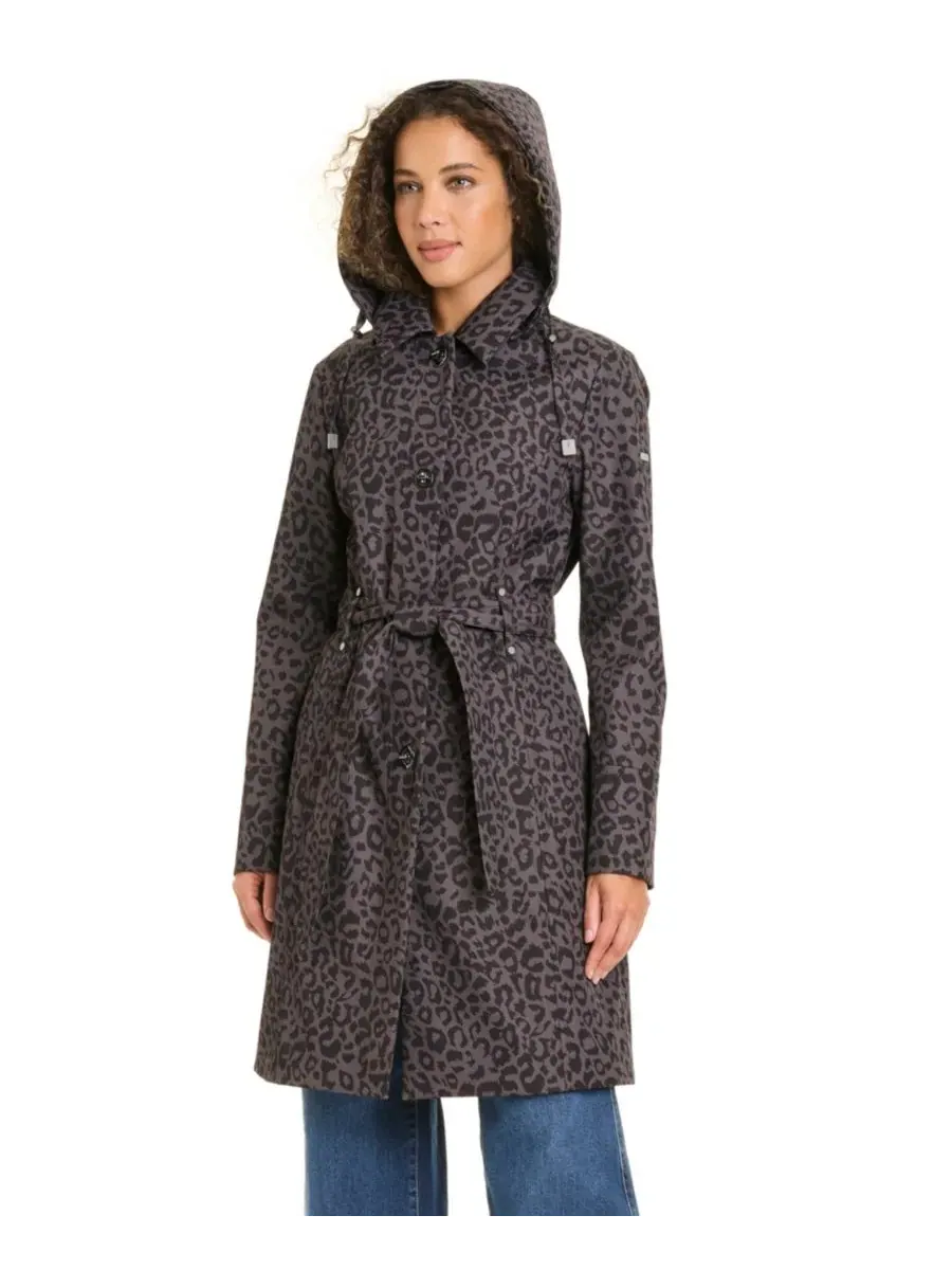 Женское пальто с капюшоном, на пуговицах, с поясом Jones New York, Dark Taupe Leopard — изображение 4 из 10