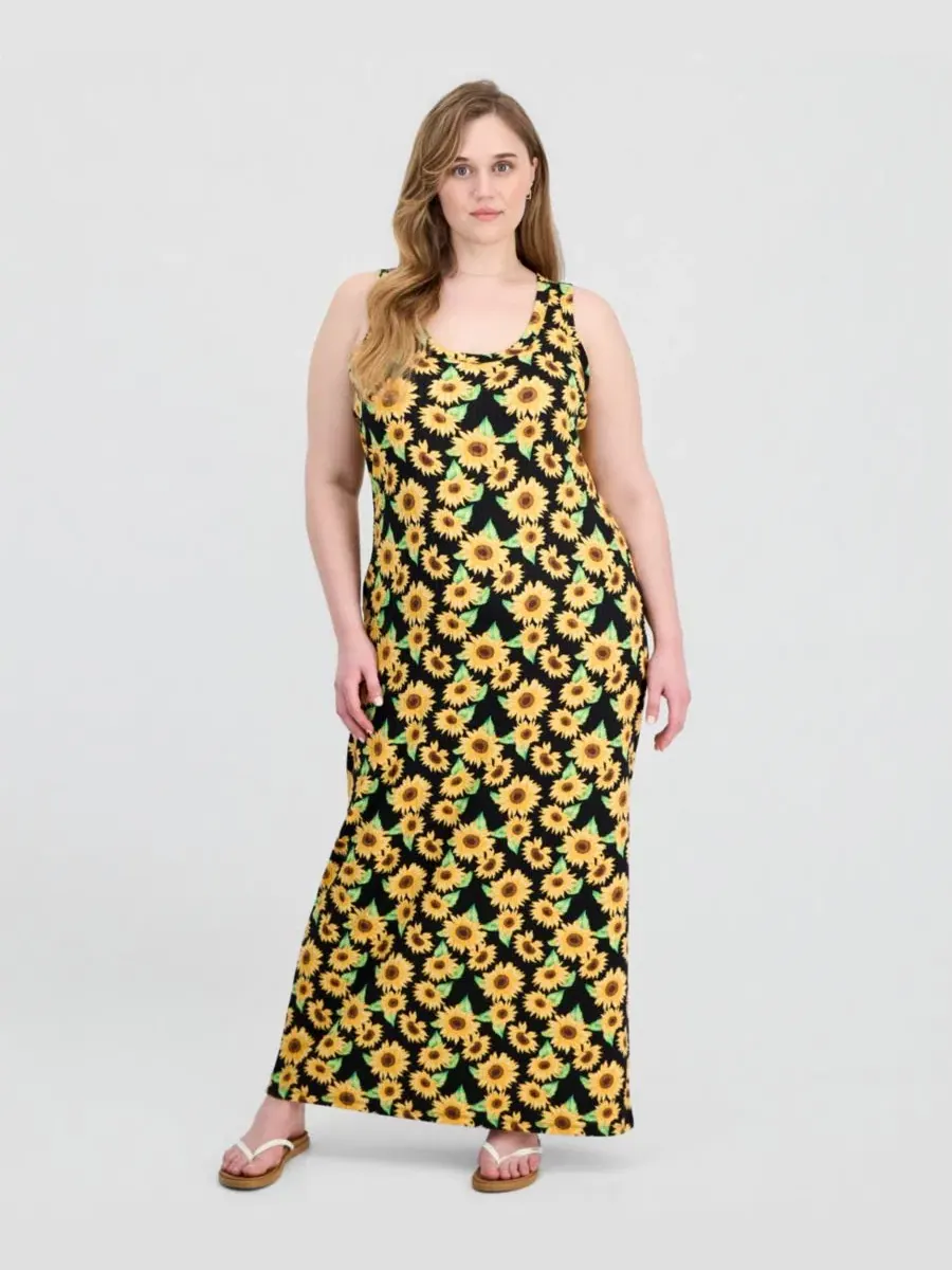 Платье-макси без рукавов с принтом Sunny Sunflower Black FULL CIRCLE TRENDS — черный