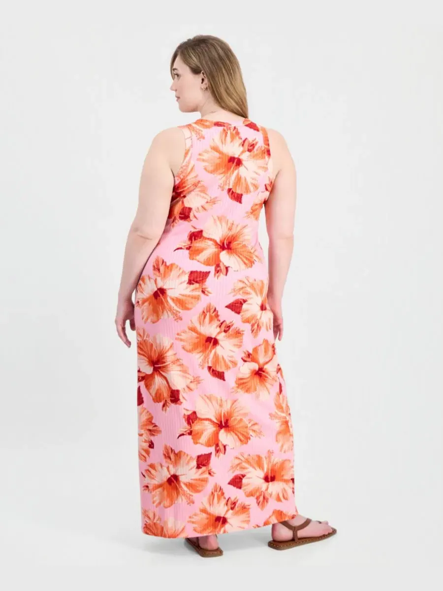 Платье-макси без рукавов с принтом Trendy Plus Size Printed Ribbed Knit Sleeveless Maxi Dress FULL — изображение 2 из 3