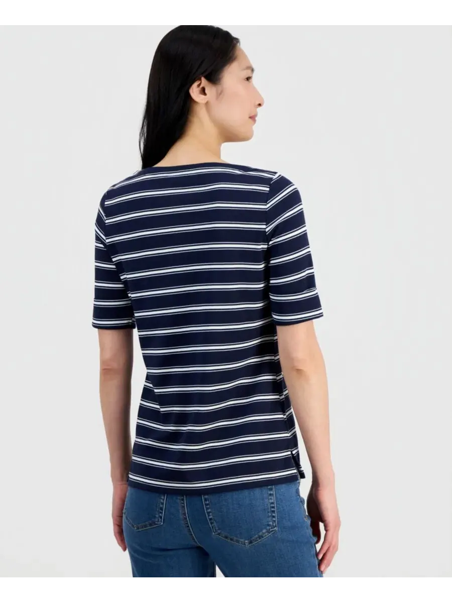 Блуза с принтом, с рукавом до локтя, модель Printed Boat-Neck Elbow-Sleeve Top Style & Co — изображение 2 из 3, белый