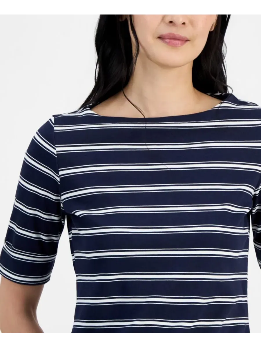 Блуза с принтом, с рукавом до локтя, модель Printed Boat-Neck Elbow-Sleeve Top Style & Co — изображение 3 из 3, белый