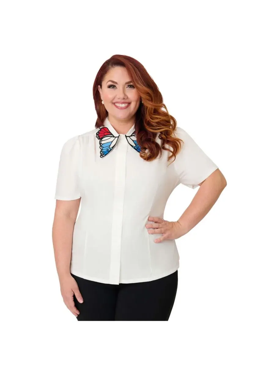 Блузка с вышитым воротником White w/ Butterfly Collar Unique Vintage