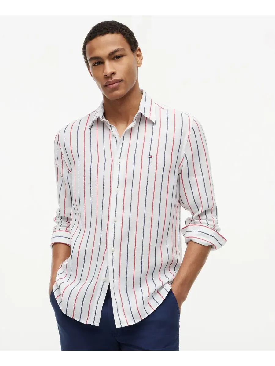 Рубашка с текстурным льняным полосатым принтом, с длинным рукавом Tommy Hilfiger