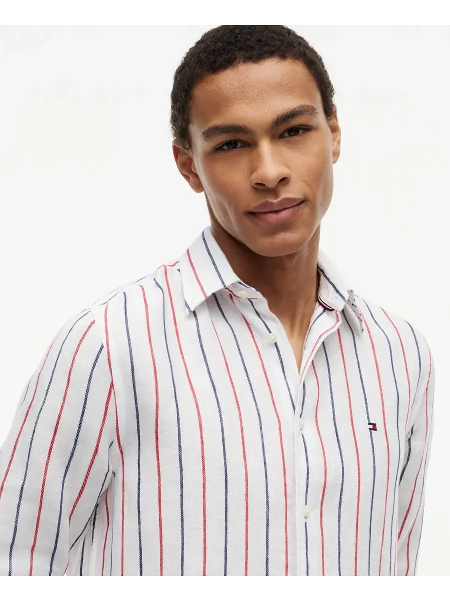 Рубашка с текстурным льняным полосатым принтом, с длинным рукавом Tommy Hilfiger — изображение 3 из 4, красный