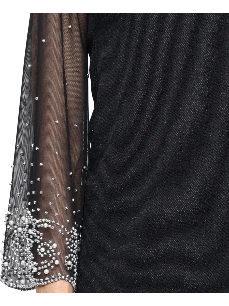 Блузка с лодочным вырезом, металлизированный трикотаж, с рукавом 3/4, модель Boat Neck Metallic — изображение 2 из 3, черный