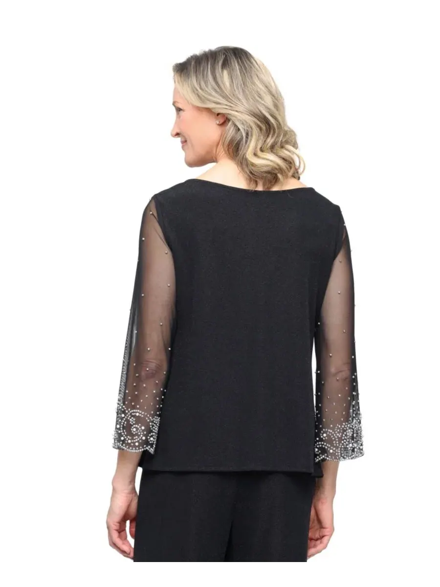 Блузка с лодочным вырезом, металлизированный трикотаж, с рукавом 3/4, модель Boat Neck Metallic — изображение 3 из 3, черный