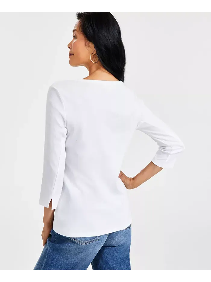 Женская блузка из пима-хлопка с 3/4 рукавом и лодочкой, Regular & Petite Style & Co — изображение 2 из 7, яркий белый