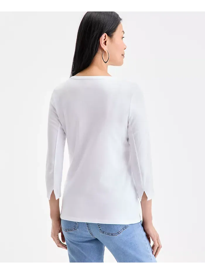 Женская блузка из пима-хлопка с 3/4 рукавом и лодочкой, Regular & Petite Style & Co — изображение 4 из 7, яркий белый