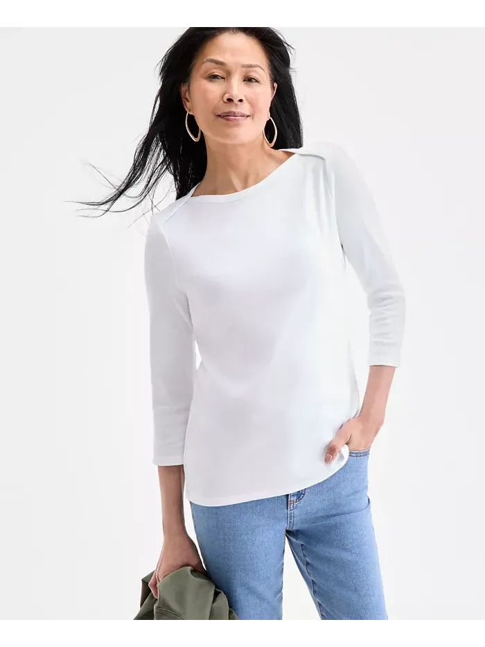 Женская блузка из пима-хлопка с 3/4 рукавом и лодочкой, Regular & Petite Style & Co — изображение 5 из 7, яркий белый