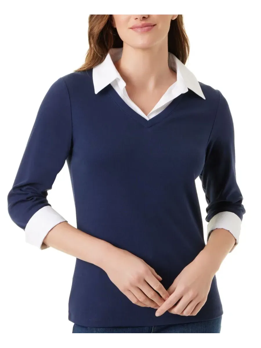 Блузка с V-образным вырезом и имитацией слоев Maxine Knit Gloria Vanderbilt, Midnight Affair — изображение 3 из 4