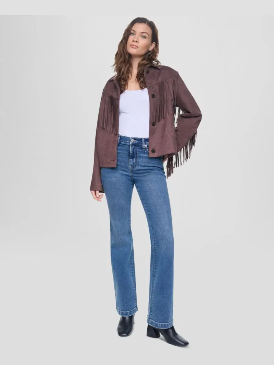 Жакет с бахромой и воротником, модель Fringe Detail Collared Button-Front DKNY Jeans — изображение 2 из 7, орех