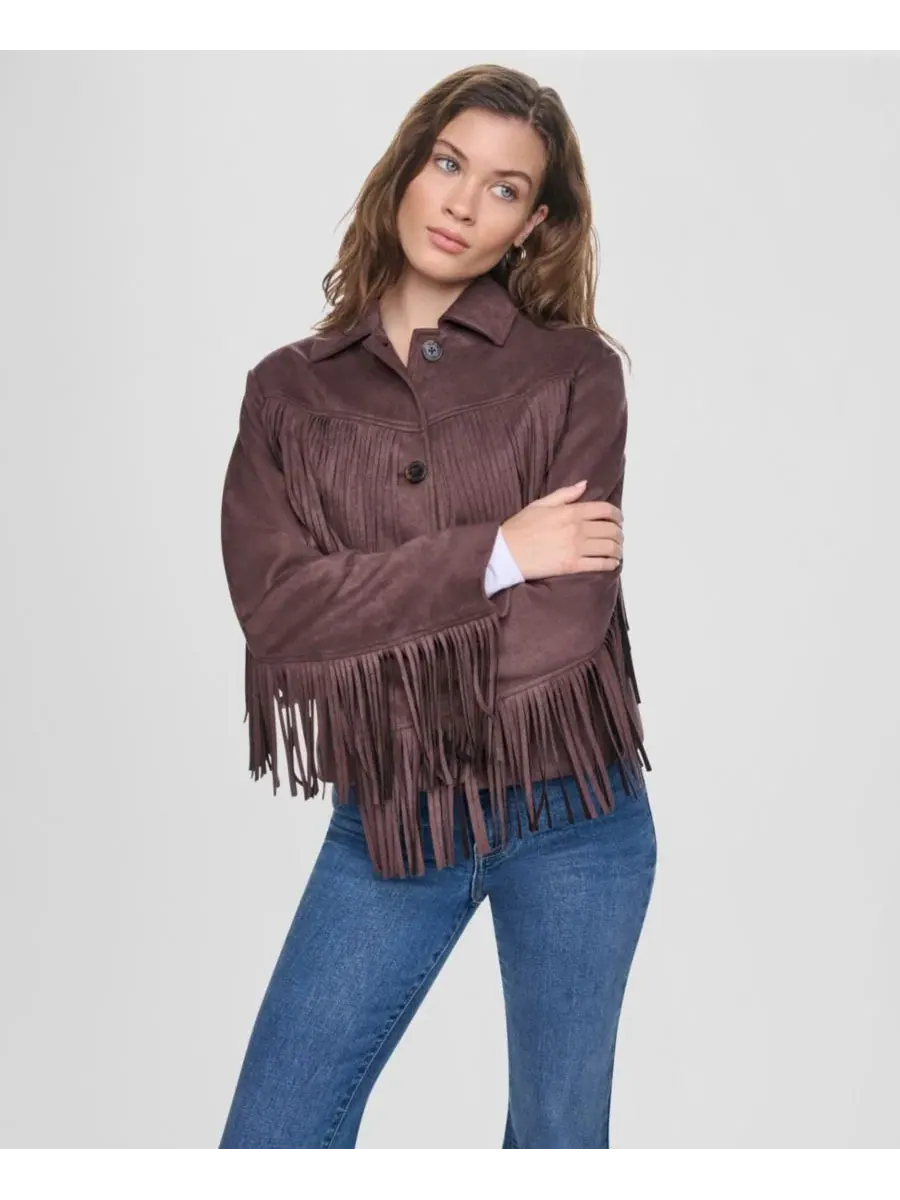 Жакет с бахромой и воротником, модель Fringe Detail Collared Button-Front DKNY Jeans — изображение 3 из 7, орех