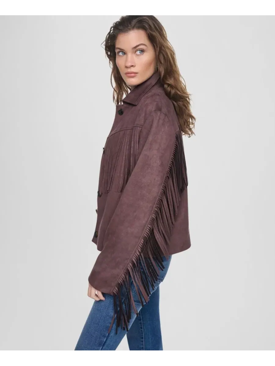 Жакет с бахромой и воротником, модель Fringe Detail Collared Button-Front DKNY Jeans — изображение 4 из 7, орех