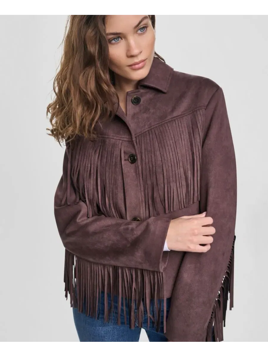 Жакет с бахромой и воротником, модель Fringe Detail Collared Button-Front DKNY Jeans — изображение 5 из 7, орех