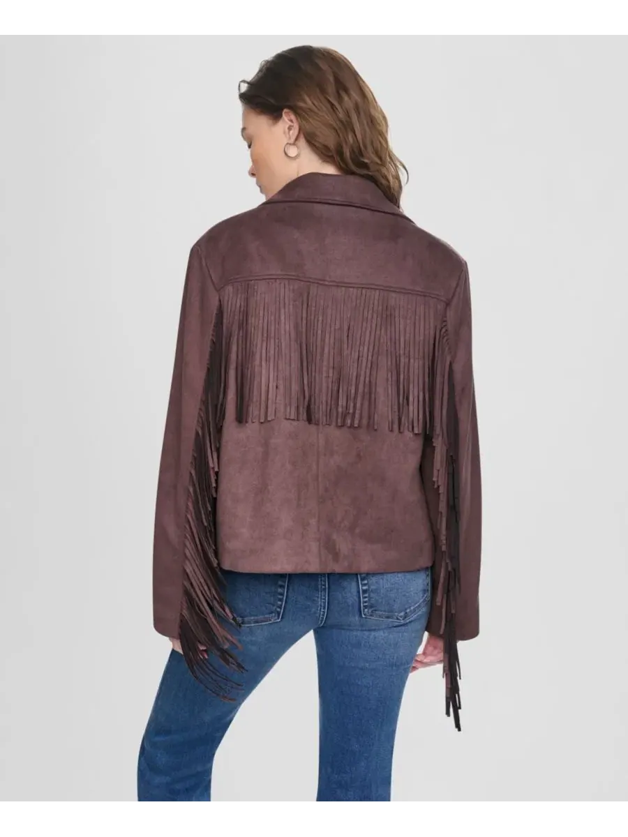 Жакет с бахромой и воротником, модель Fringe Detail Collared Button-Front DKNY Jeans — изображение 6 из 7, орех