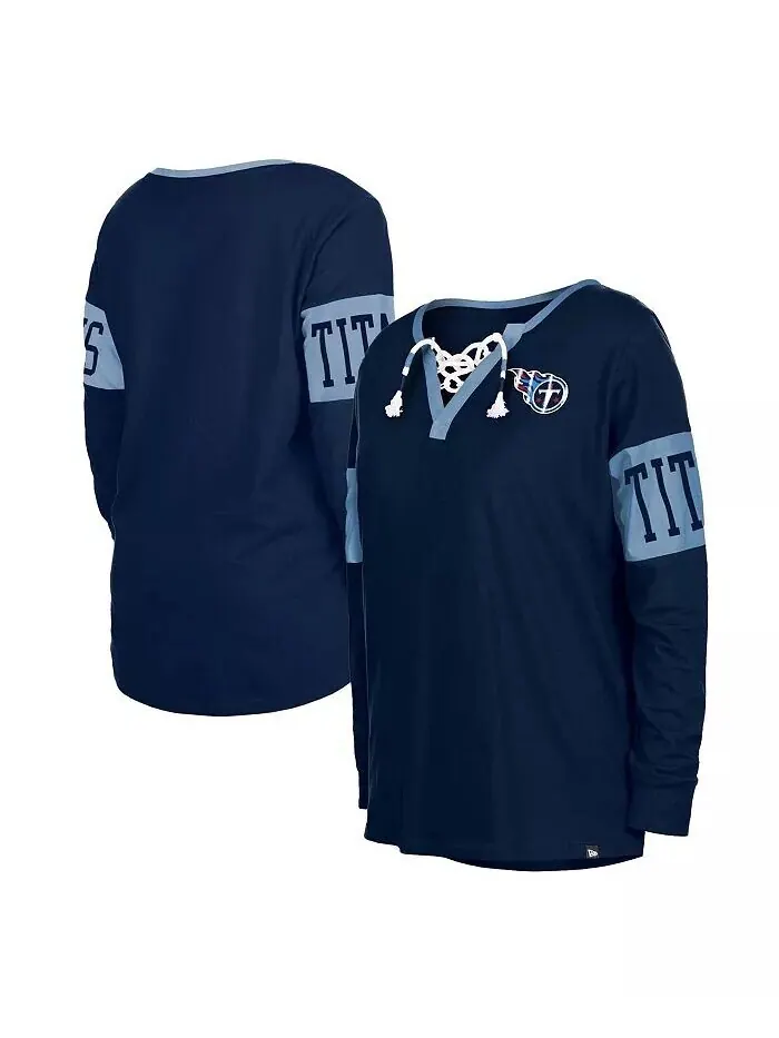 Женская темно-синяя футболка Tennessee Titans со шнуровкой и вырезом на шее, с длинным рукавом New
