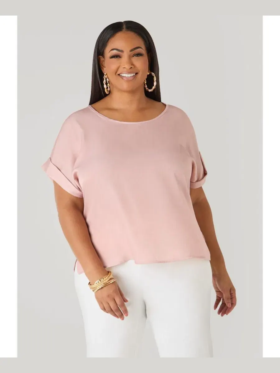 Блуза-долман с рукавом-кимоно и боковыми разрезами, модель Chambray Dolman Ashley Stewart — изображение 1 из 3, розовый
