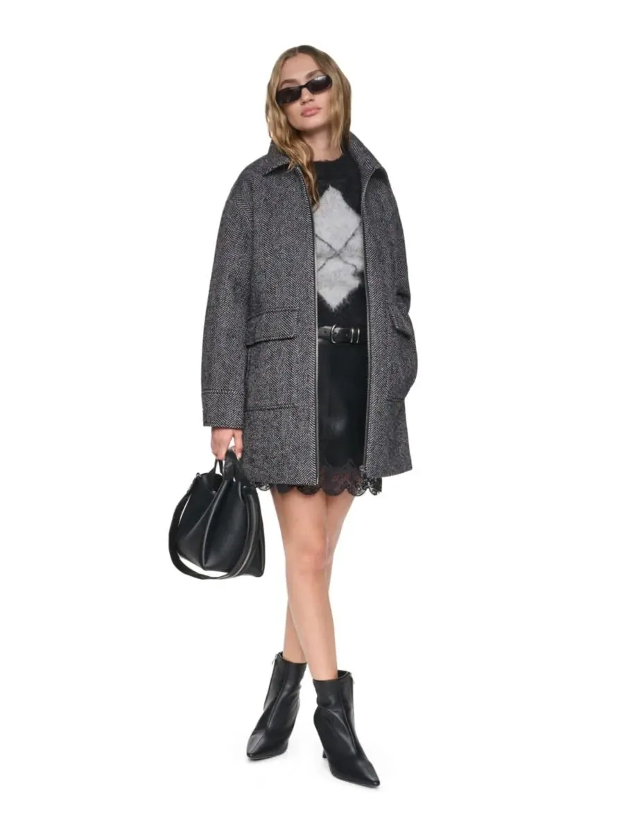 Пальто из шерстяной ткани в елочку с воротником, на молнии DKNY, Herringbone — изображение 2 из 5