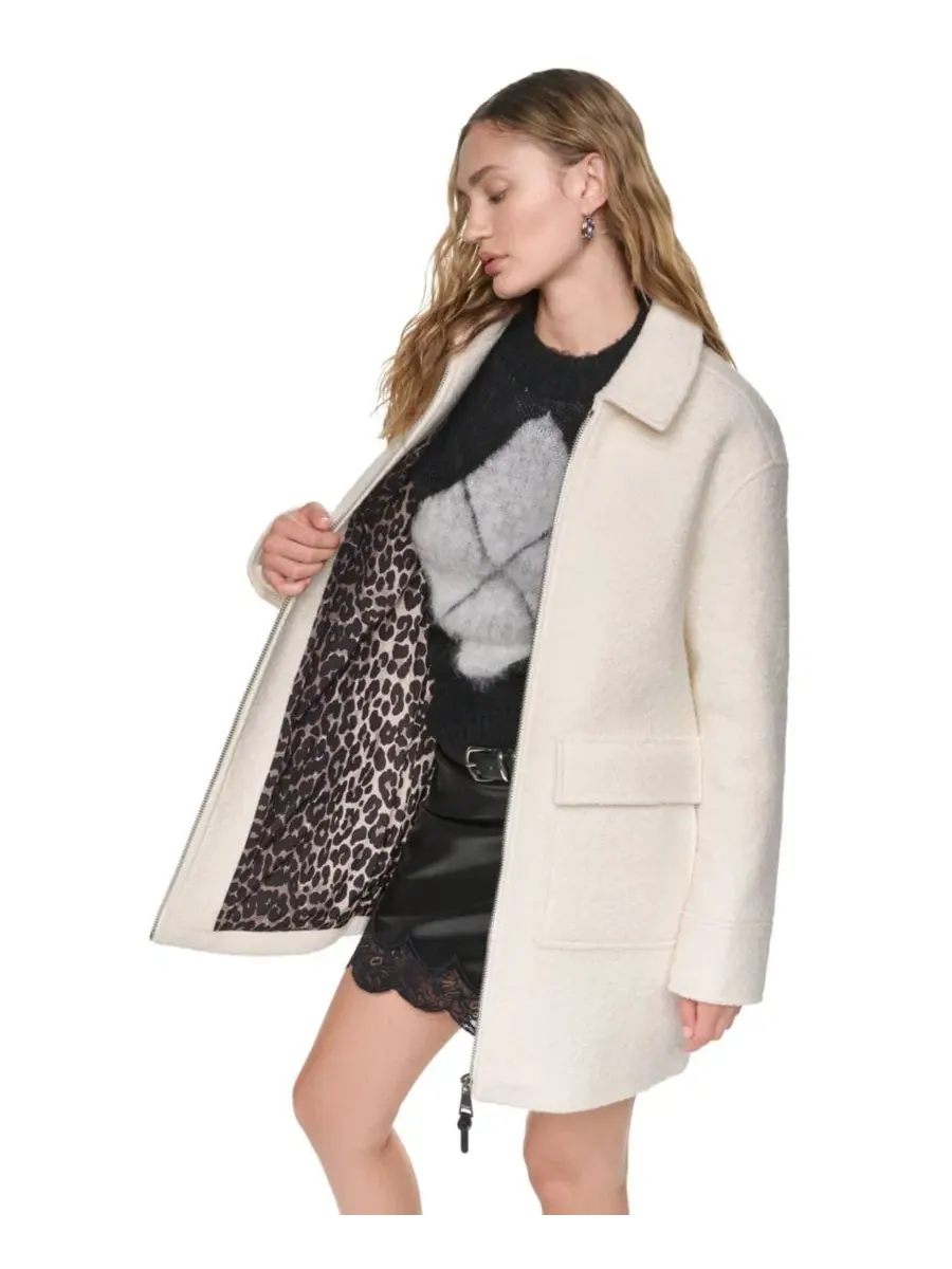 Пальто из шерстяной смеси с фактурным узором «елочка» DKNY — изображение 4 из 6, серебристый
