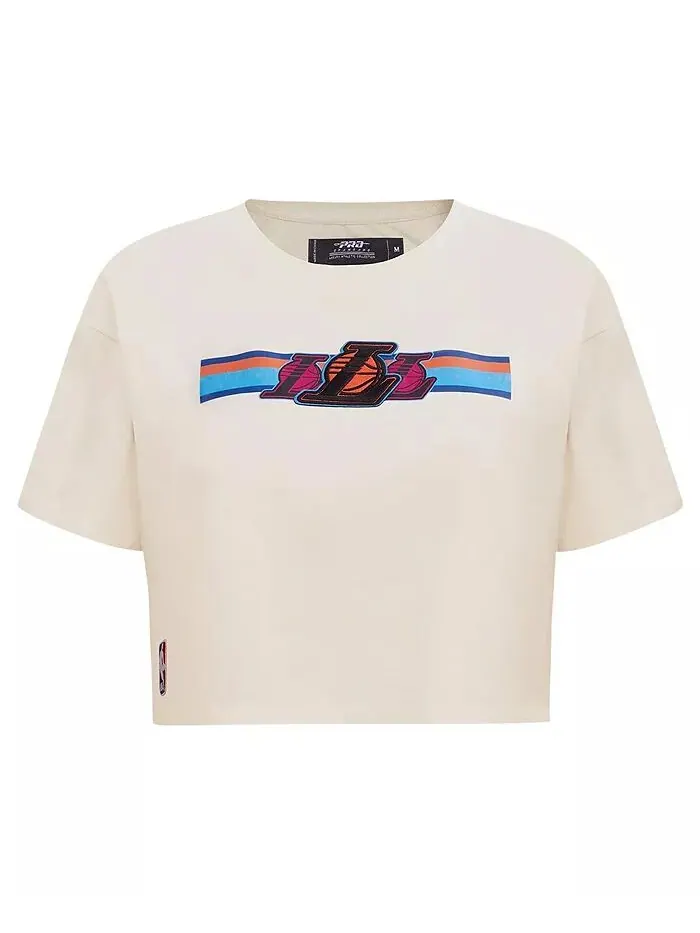 Женская кремовая футболка Los Angeles Lakers Retro Striper SJ Cropped с широкими краями Pro Standard — изображение 4 из 4