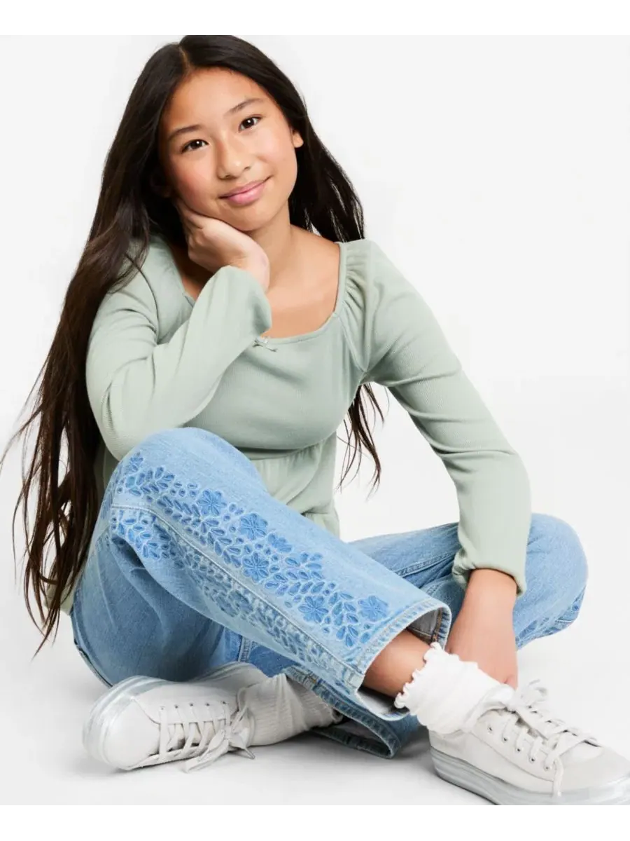 Джинсы с завышенной талией и вышивкой Embroidered High-Rise Jeans abercrombie kids — изображение 2 из 6, светлый синий