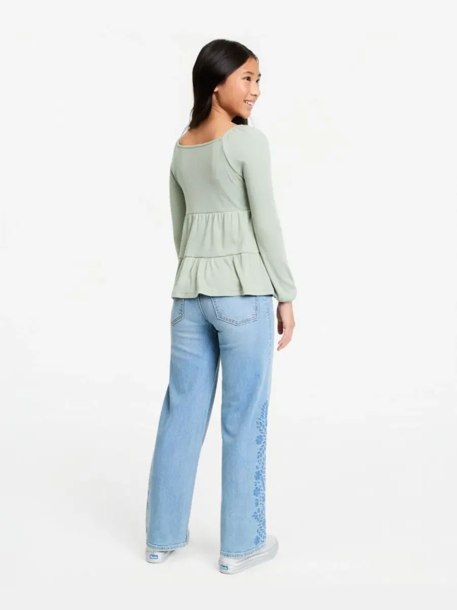 Джинсы с завышенной талией и вышивкой Embroidered High-Rise Jeans abercrombie kids — изображение 3 из 6, светлый синий