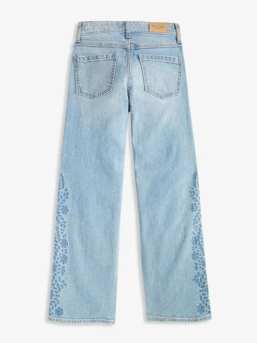 Джинсы с завышенной талией и вышивкой Embroidered High-Rise Jeans abercrombie kids — изображение 5 из 6, светлый синий