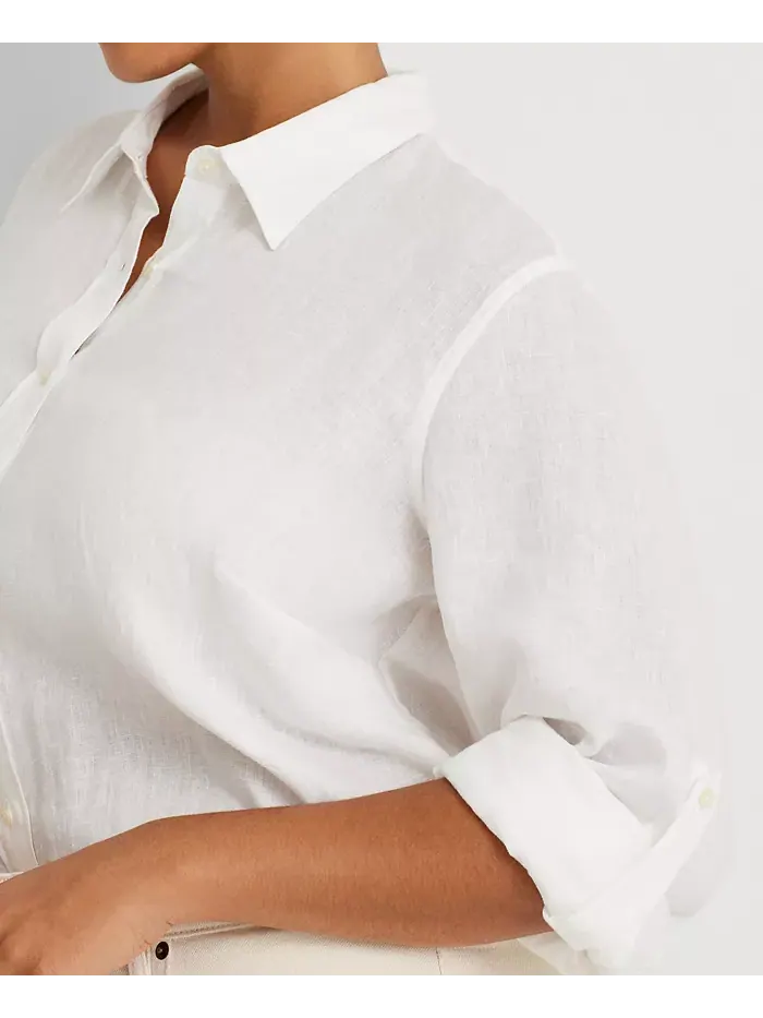 Женская рубашка Plus Size с подкатанными рукавами из 100% льна Lauren Ralph Lauren — изображение 3 из 5, белый