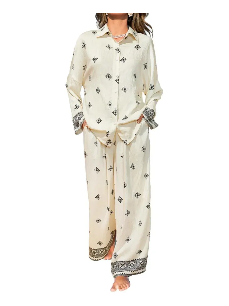 Женский комплект из рубашки и брюк с воротником, Oversized Boho Cupshe