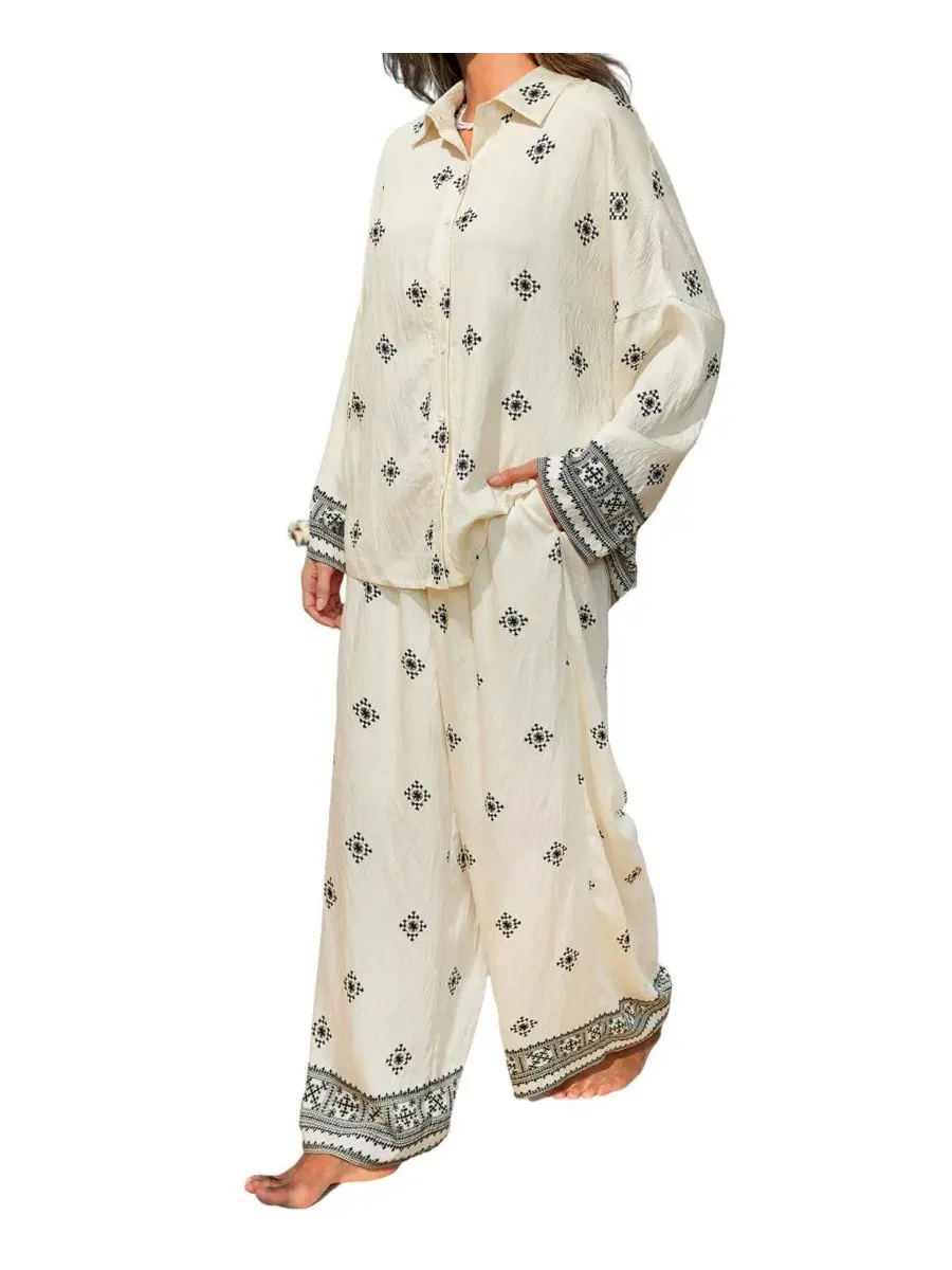 Женский комплект из рубашки и брюк с воротником, Oversized Boho Cupshe — изображение 2 из 3, светлый бежевый
