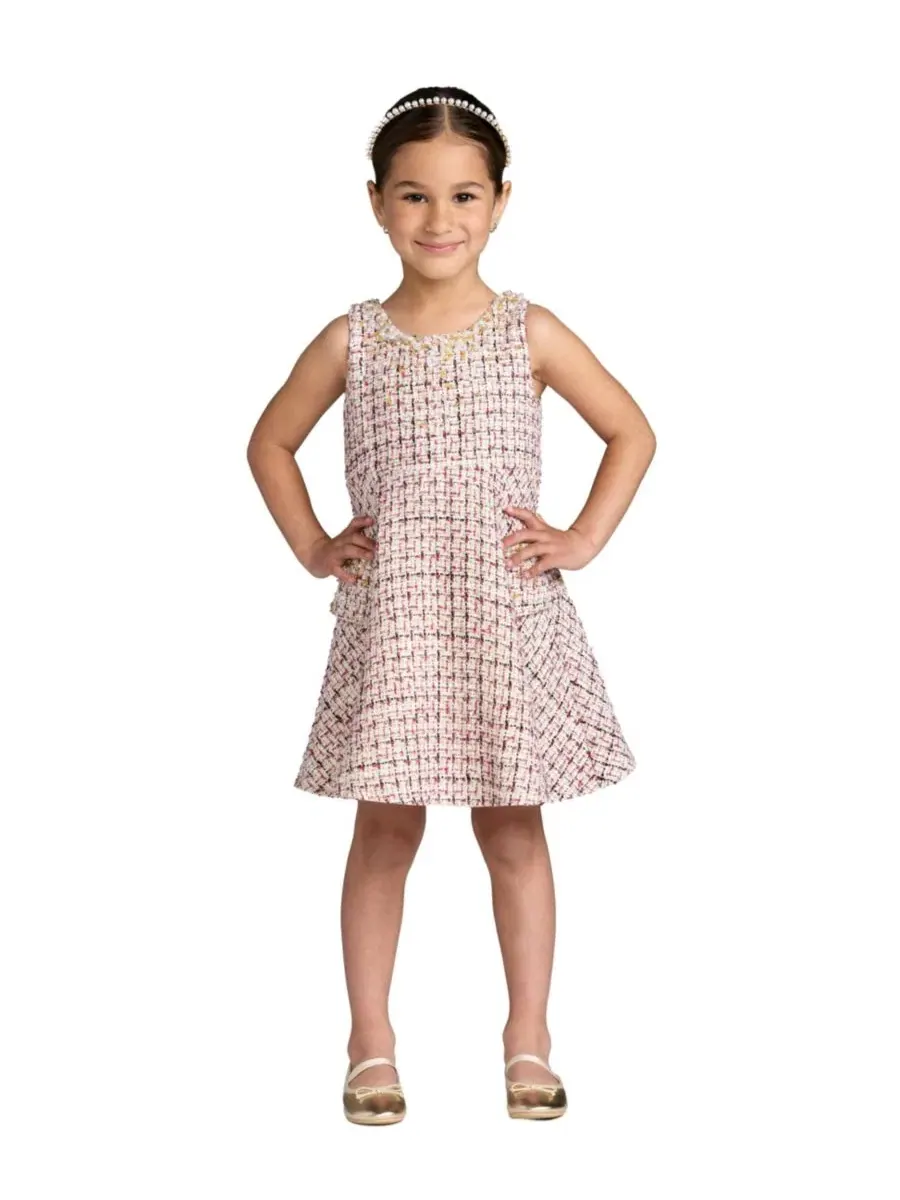 Платье-трапеция без рукавов из твида с пайетками Big Girls Beaded Boucle Mini Dress Mac Duggal