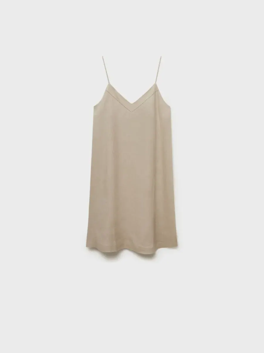 Женская льняная ночная сорочка без рукавов, модель Linen Nightgown MANGO — изображение 3 из 4, бежевый