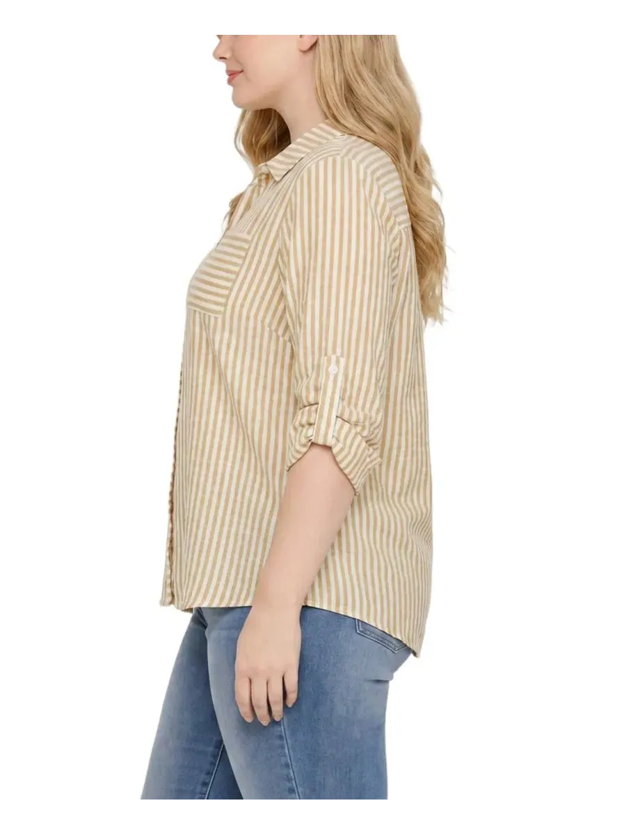 Блузка с рукавом 3/4 и застежкой на пуговицы, модель Roll Tab Top NY Collection — изображение 2 из 4, белый золотистый