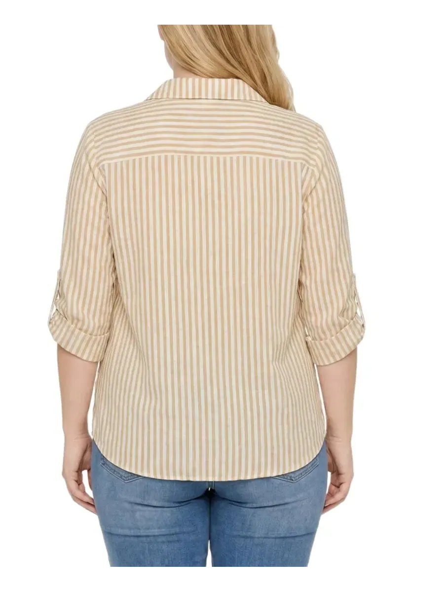 Блузка с рукавом 3/4 и застежкой на пуговицы, модель Roll Tab Top NY Collection — изображение 4 из 4, белый золотистый