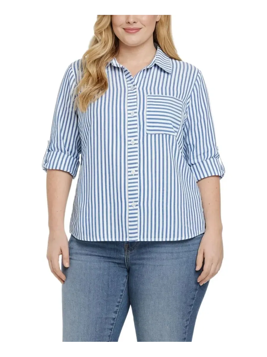 Блузка с длинным рукавом 3/4 White Blue Stripe NY Collection — изображение 1 из 4, белый синий