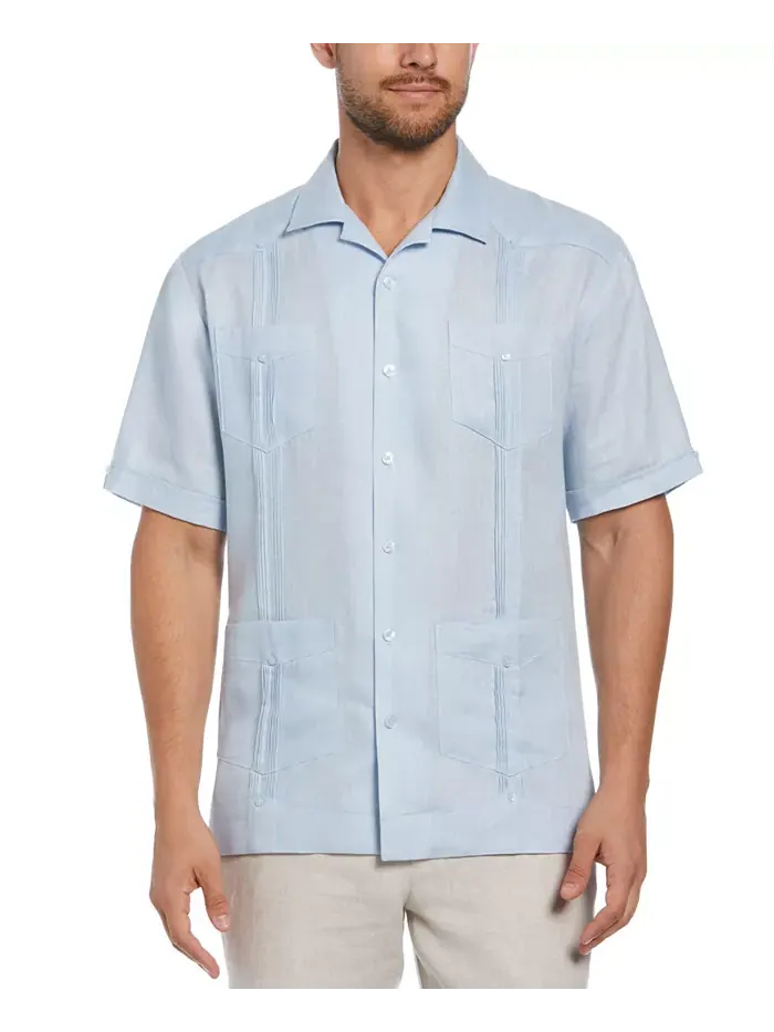 Мужская 100% льняная рубашка с коротким рукавом и четырьмя карманами Guayabera Cubavera — синий